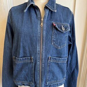 Vintage 90s Levis Dry Goods Denim Cropped Zip Front Jean Jacket w Pockets Size L